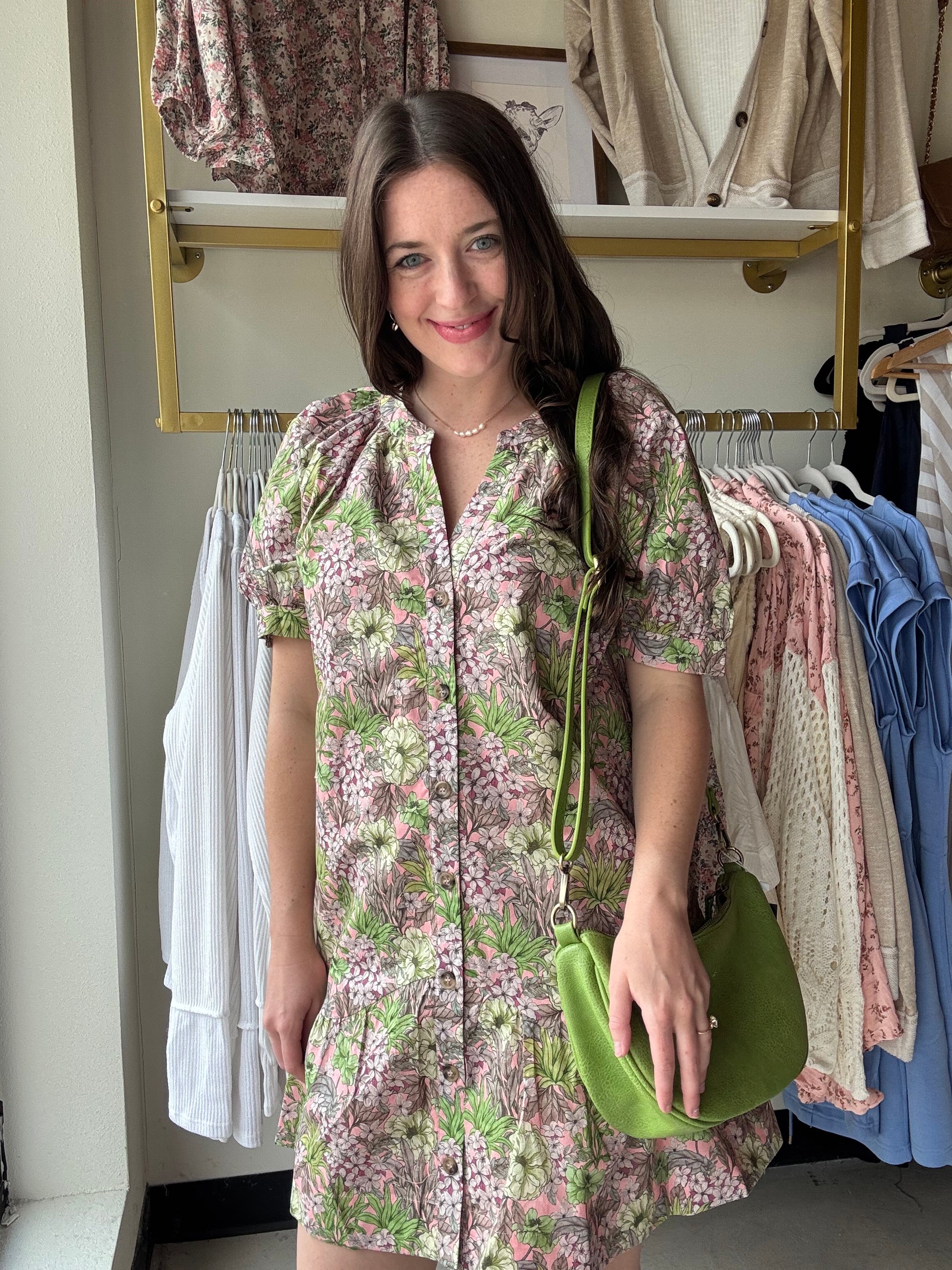 Green & Pink Floral Mini Dress Large Green & Pink Floral Mini Dress Large