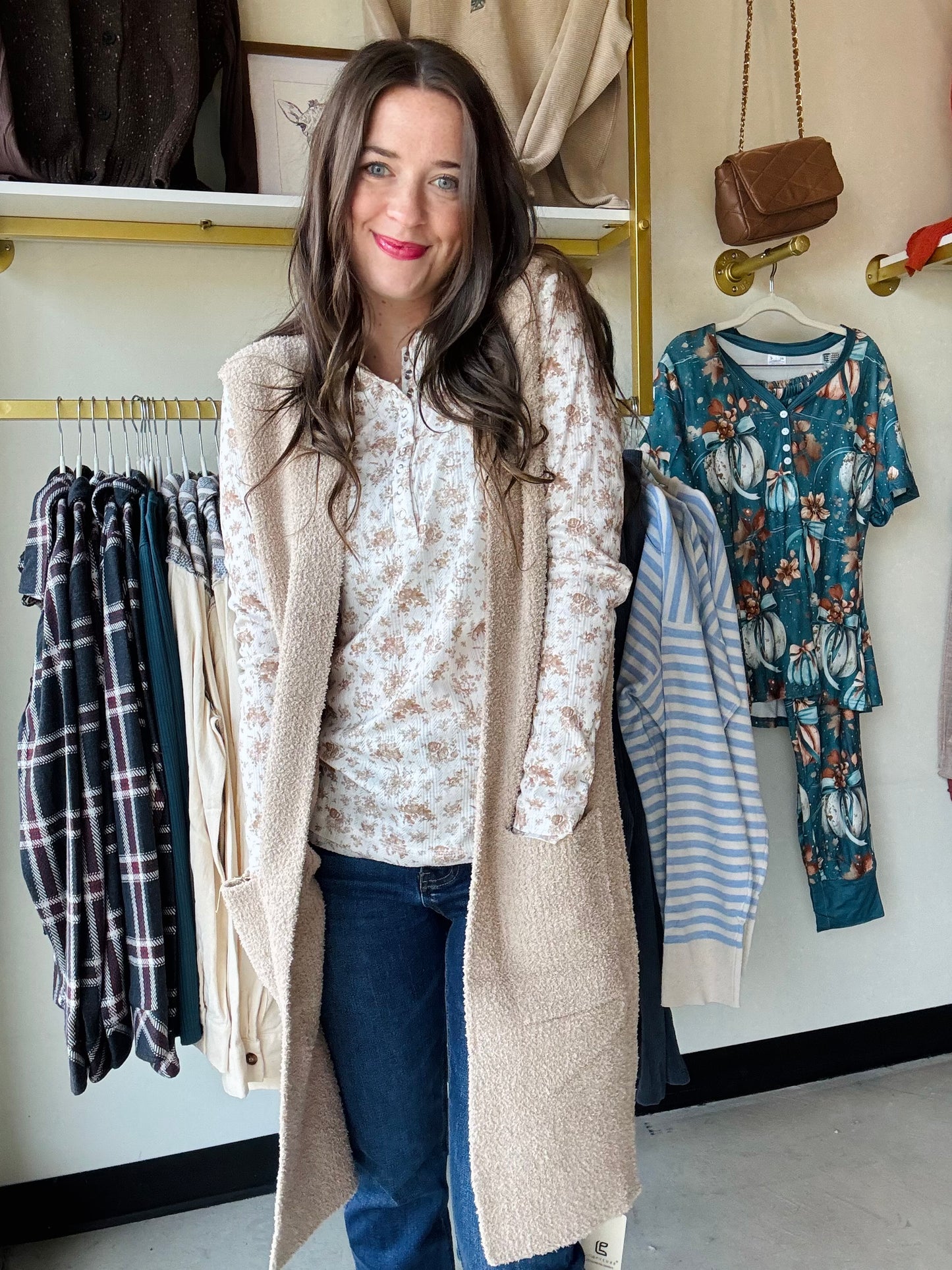 Tan Micro Floral Henley
