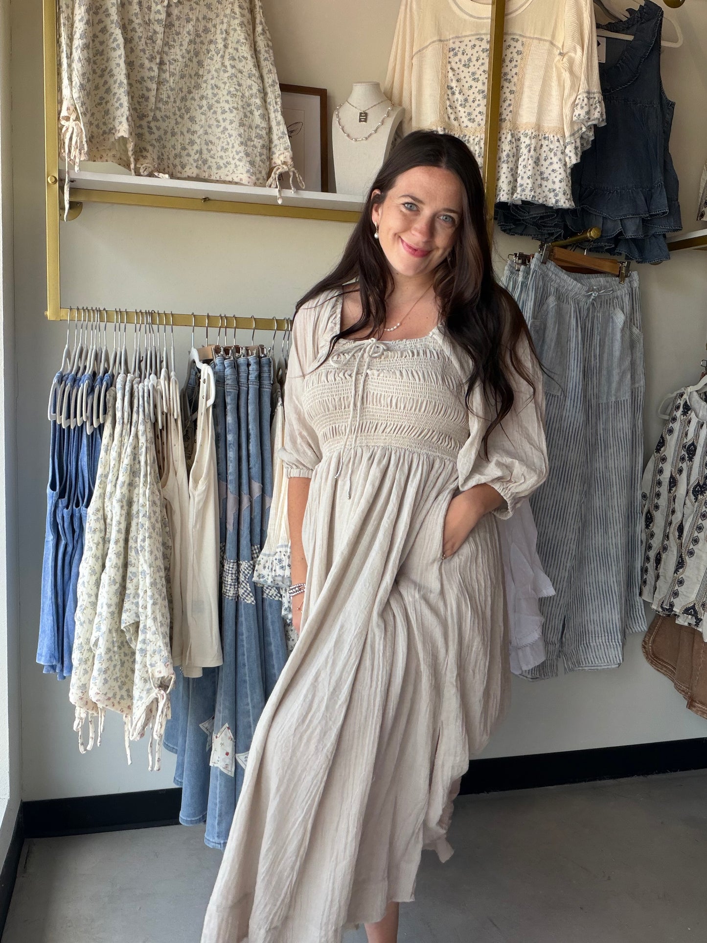 Natural Smocking Midi Dress
