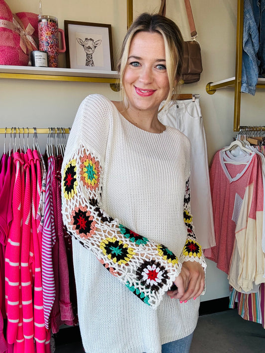 White Indie Crochet Sweater