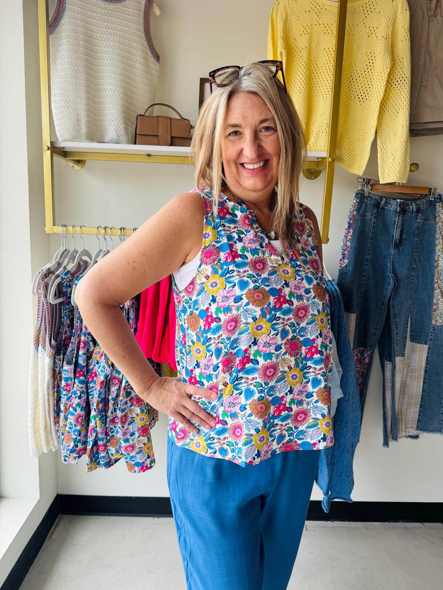 Blue Floral Split Neck Tank