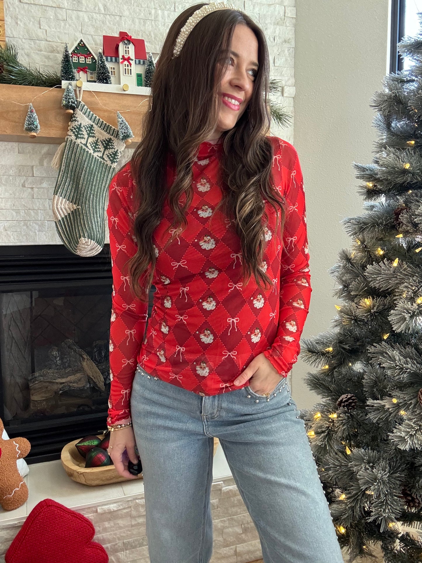 Santa's Signature Bow Mesh Top