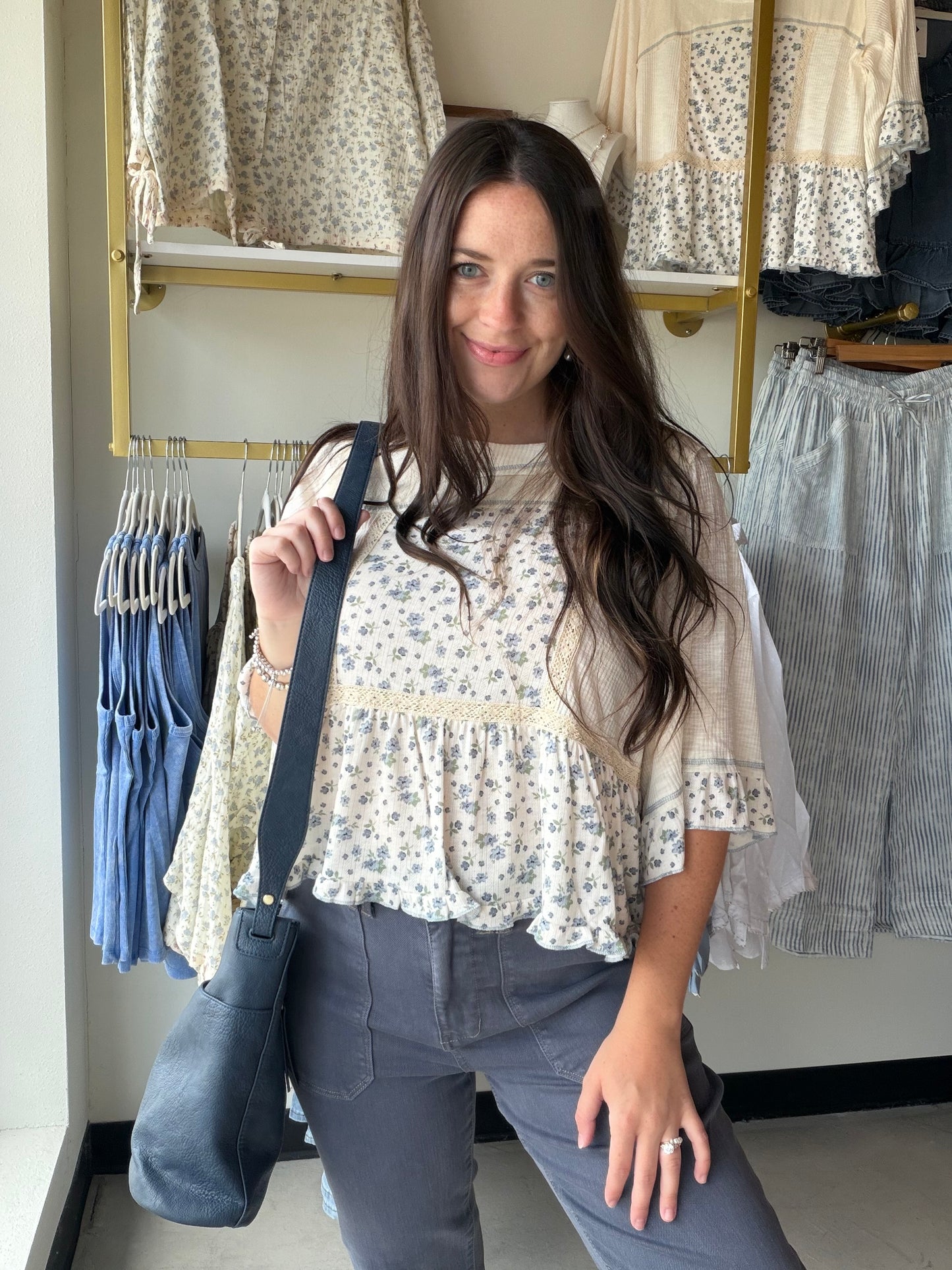 Dainty Floral Peplum Ribbed Top