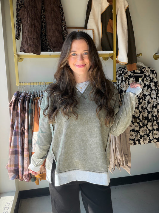 Light Olive Acid Wash Pullover