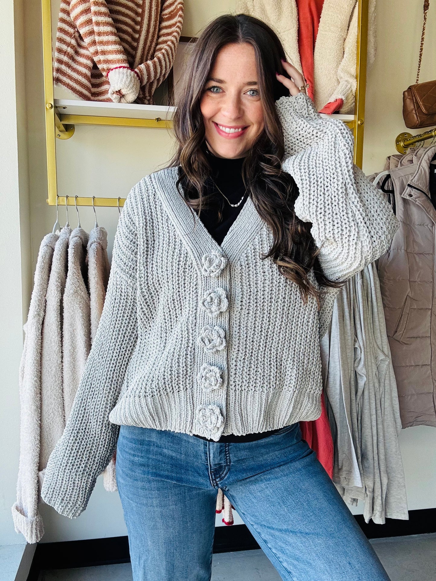 Grey Chenille Button Sweater