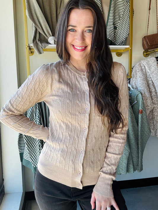 Khaki Button Up Cable Knit Cardigan