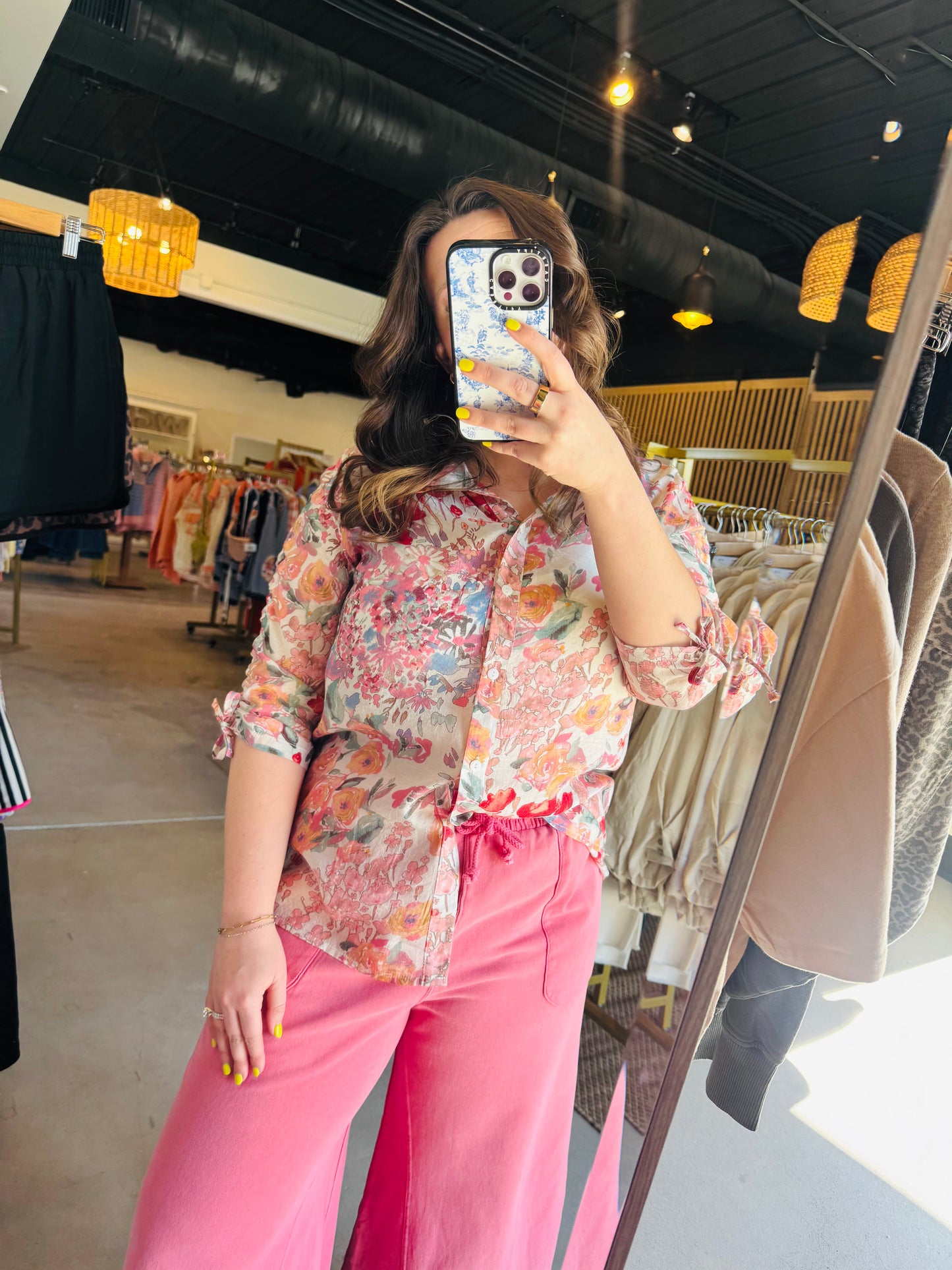 Rosy Abstract Watercolor Button-Up Blouse