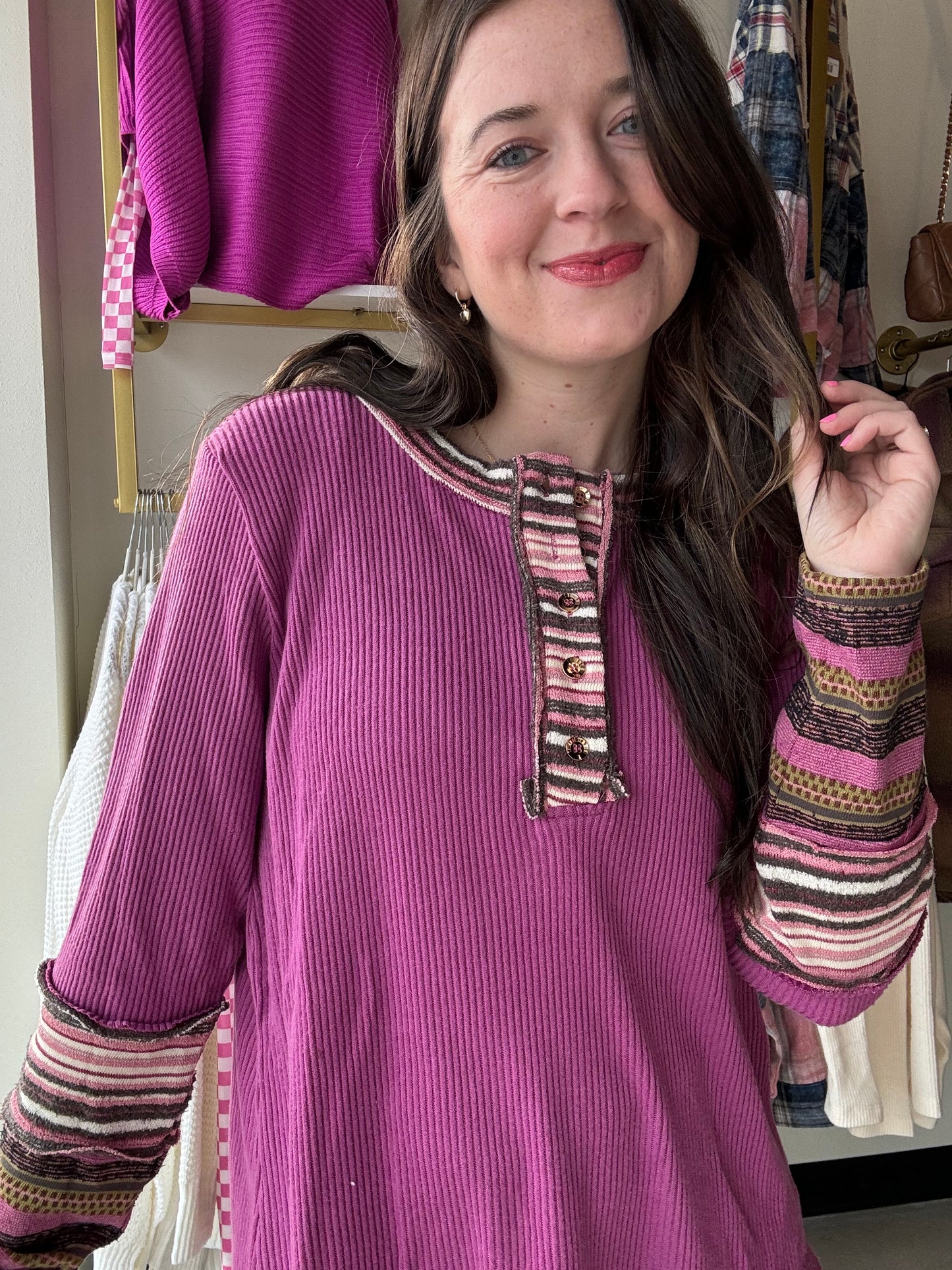 Magenta Rib Knit Henley