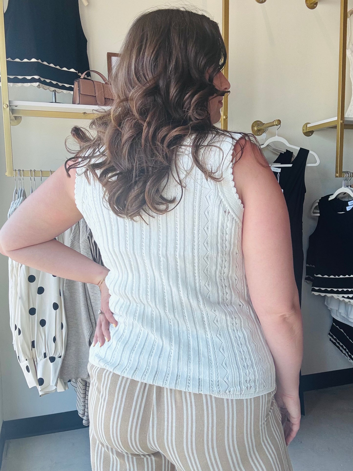 White Pointelle Sweater Henley Tank