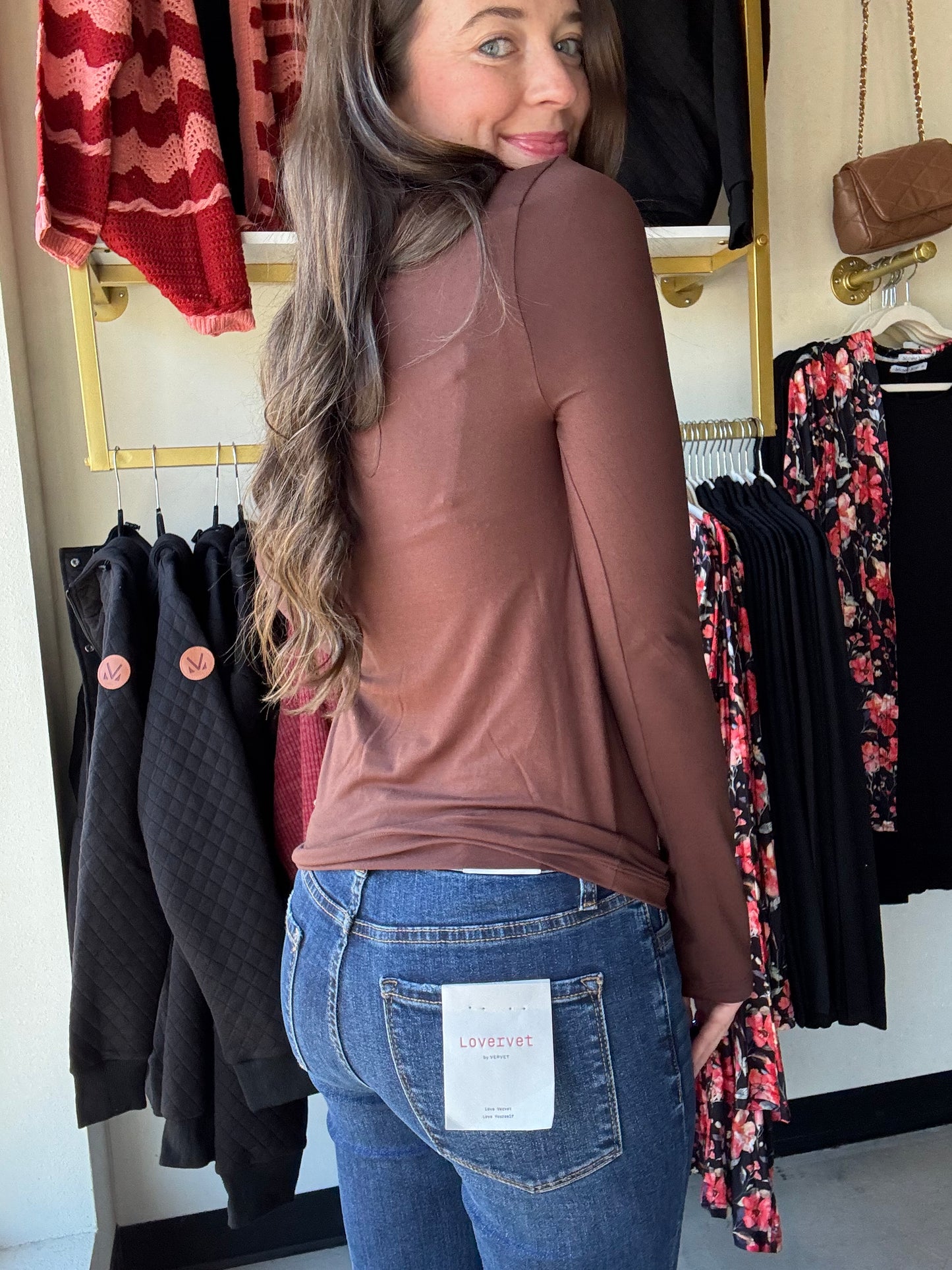 Mahogany Microfiber Mock Neck