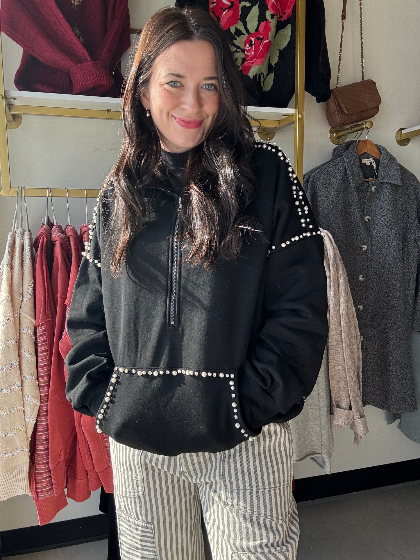 Black Terry Jeweled Half Zip