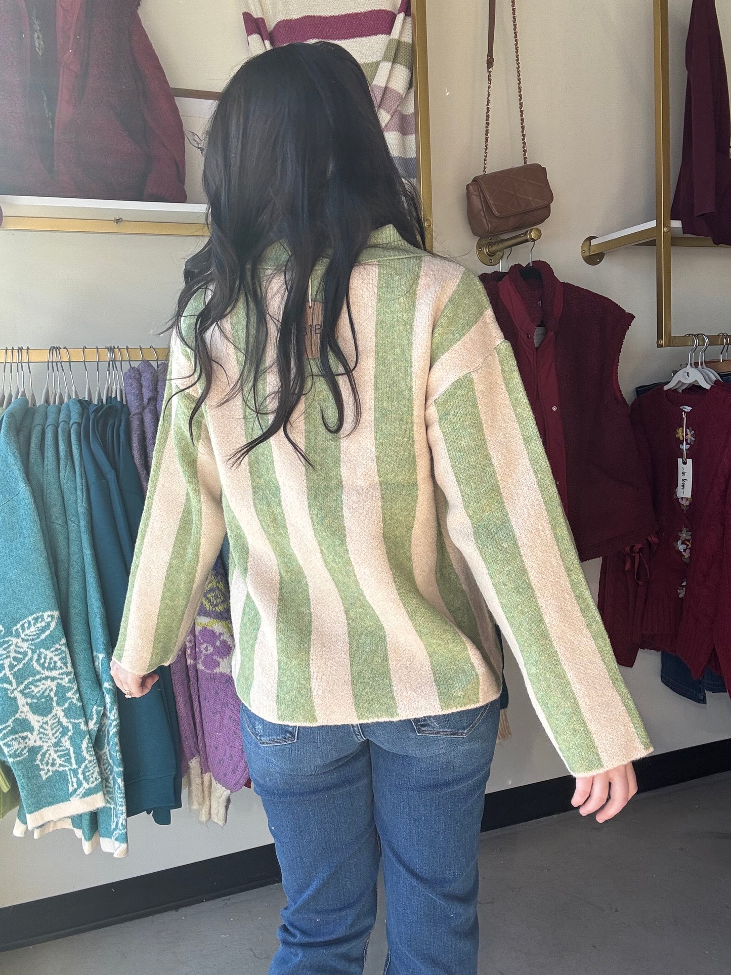 Light Olive Striped Button Sweater