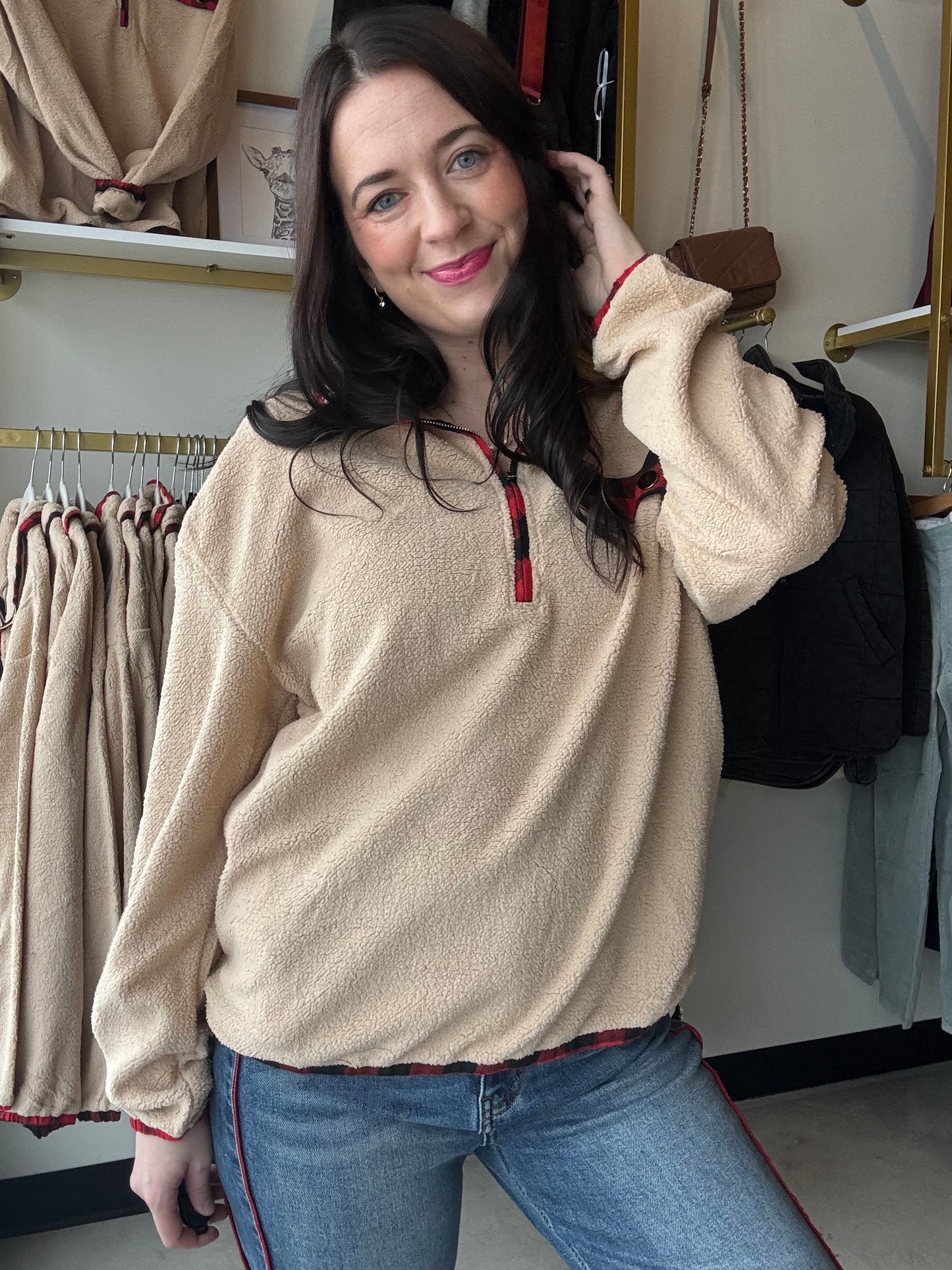 Taupe Buffalo Plaid Half Zip