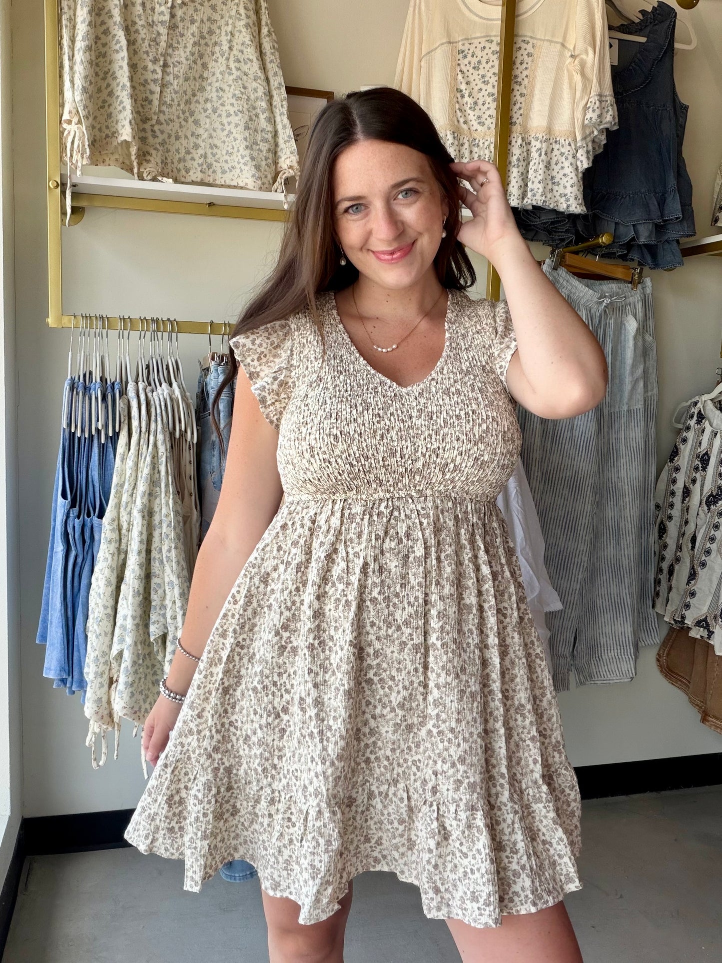Taupe Smocked Babydoll Dress