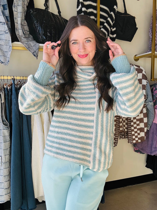 Sky Blue Striped Mock Neck Sweater