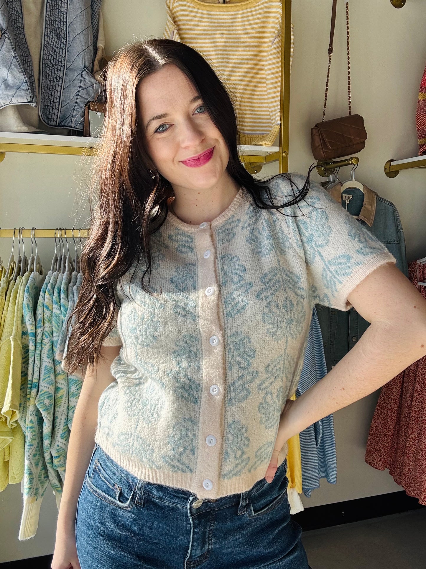 Retro Blue Floral Knit Cardigan