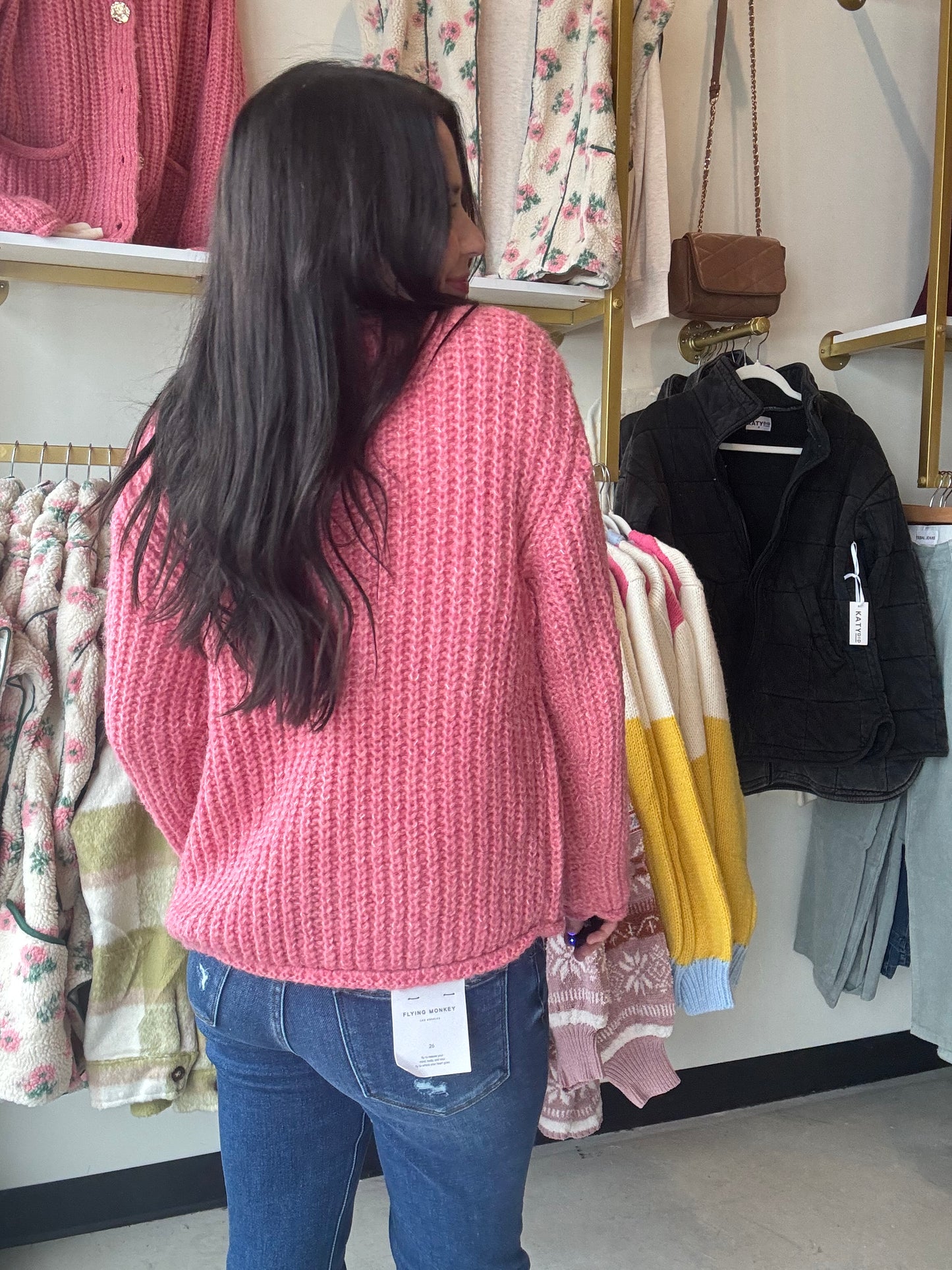 Pink Hammered Metal Button Sweater