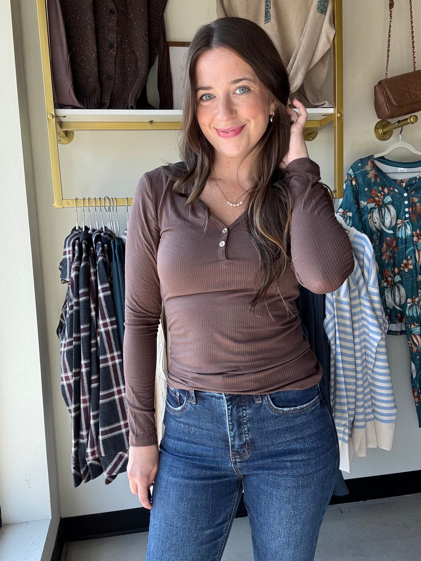 Brown Button V Neck