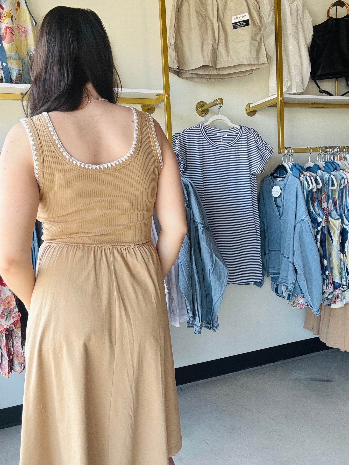 Camel Blanket Stitch Midi Dress