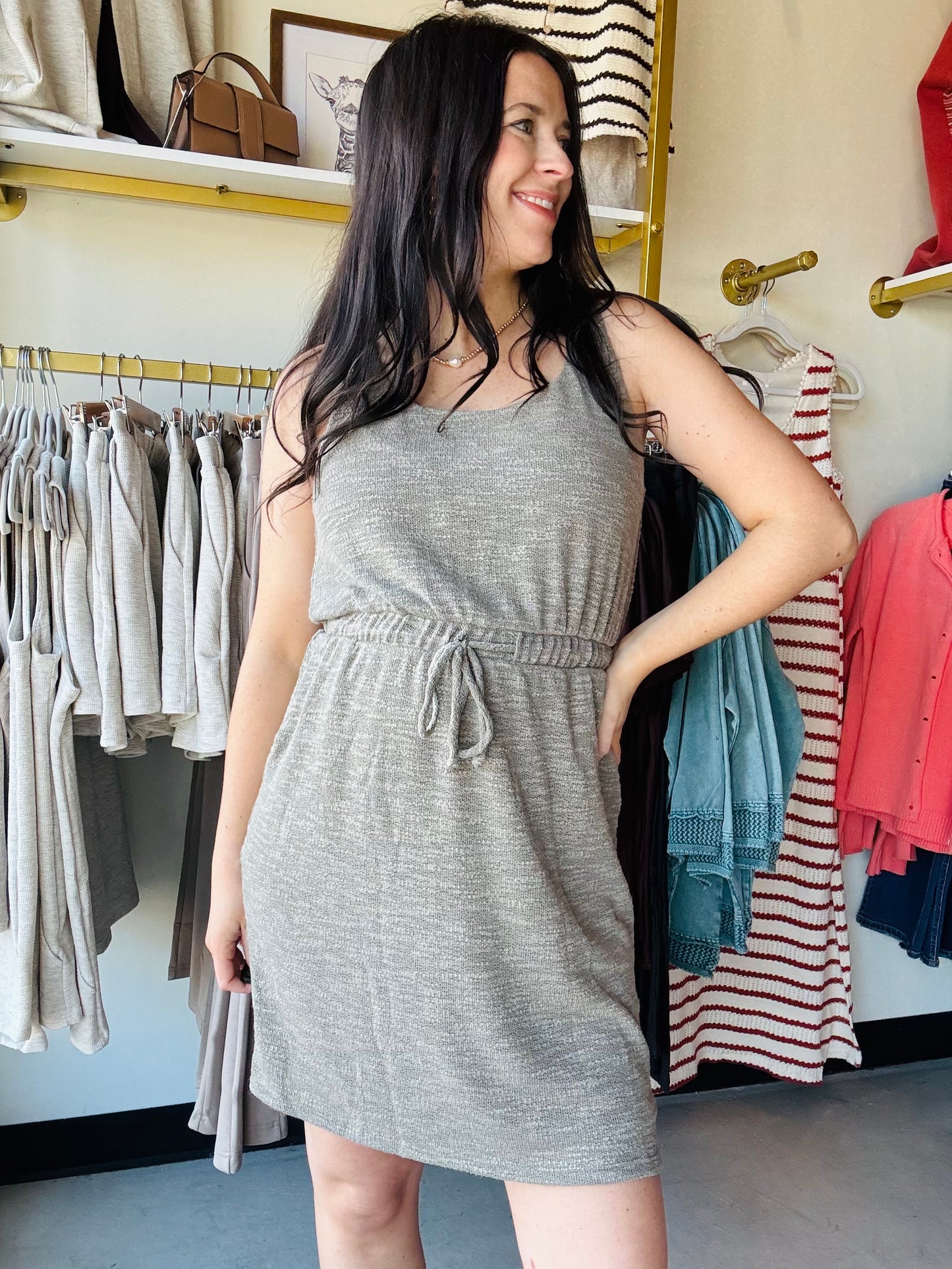 Dark Khaki Tie Waist Dress