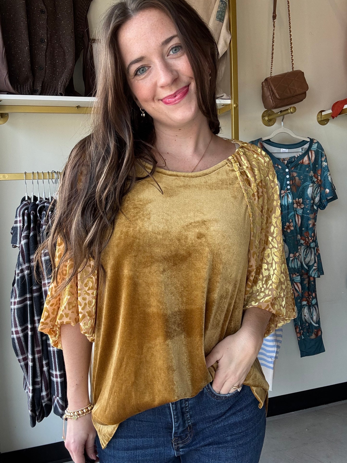 Golden Velvet Balloon Sleeve Top