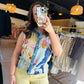 Vibrant Abstract Button-Up Tank with Denim Trim