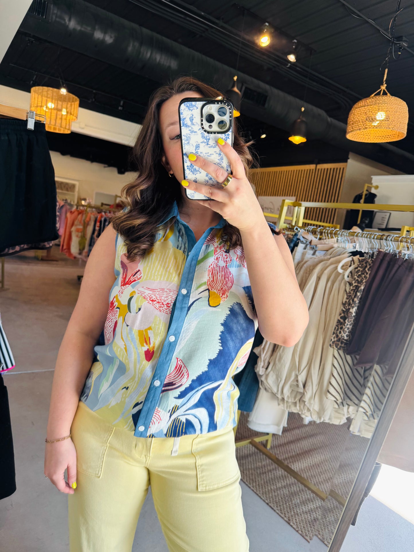 Vibrant Abstract Button-Up Tank with Denim Trim