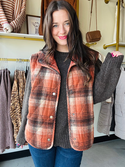 Rust Plaid Puffer Vest