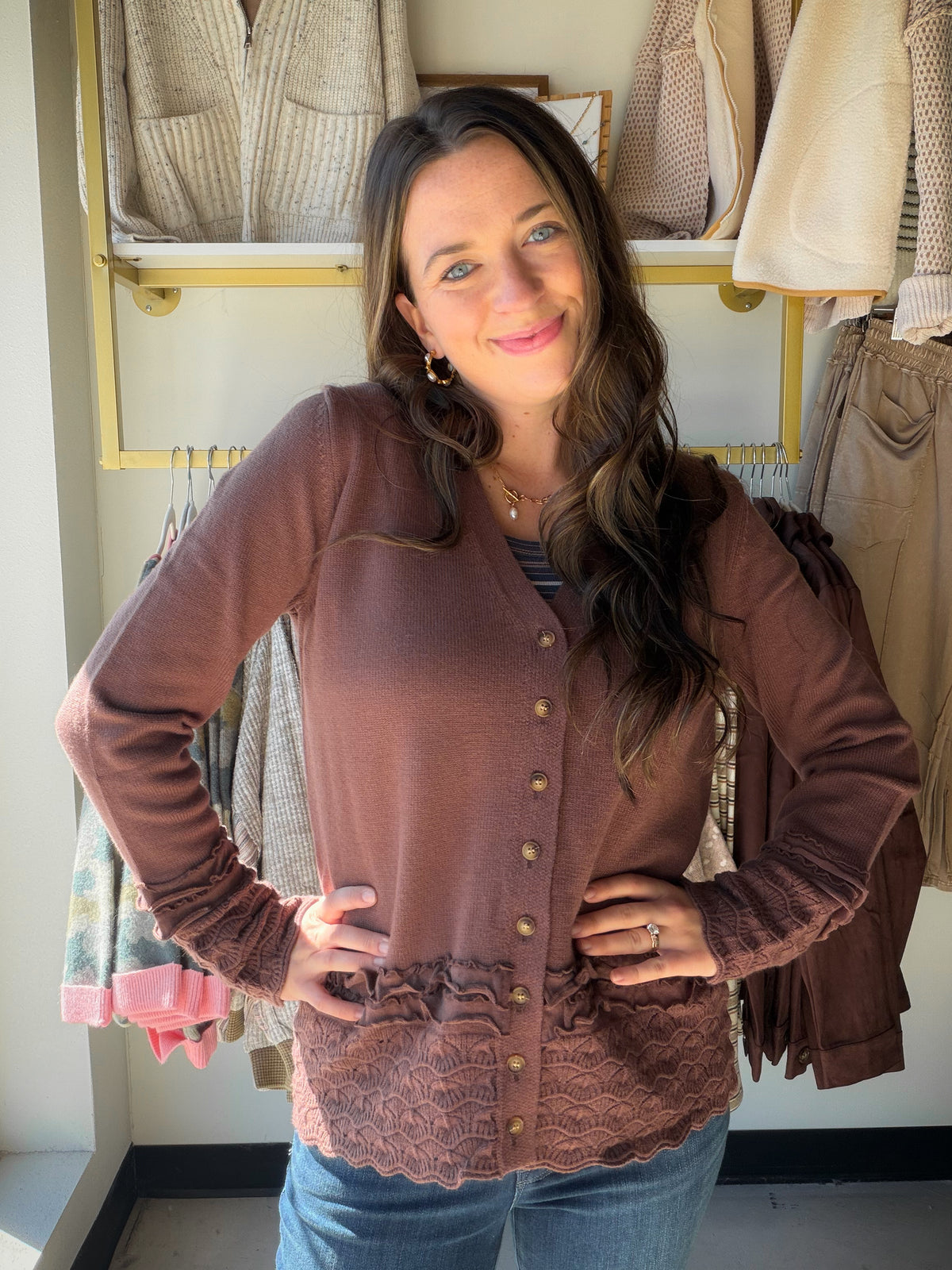 Brown Ruffle Detail Cardigan