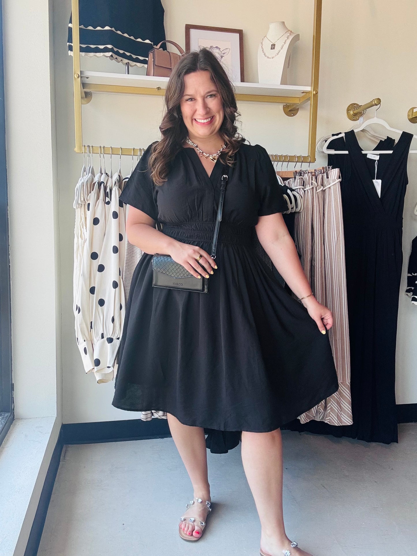 Black Cinched Waist Midi Dress