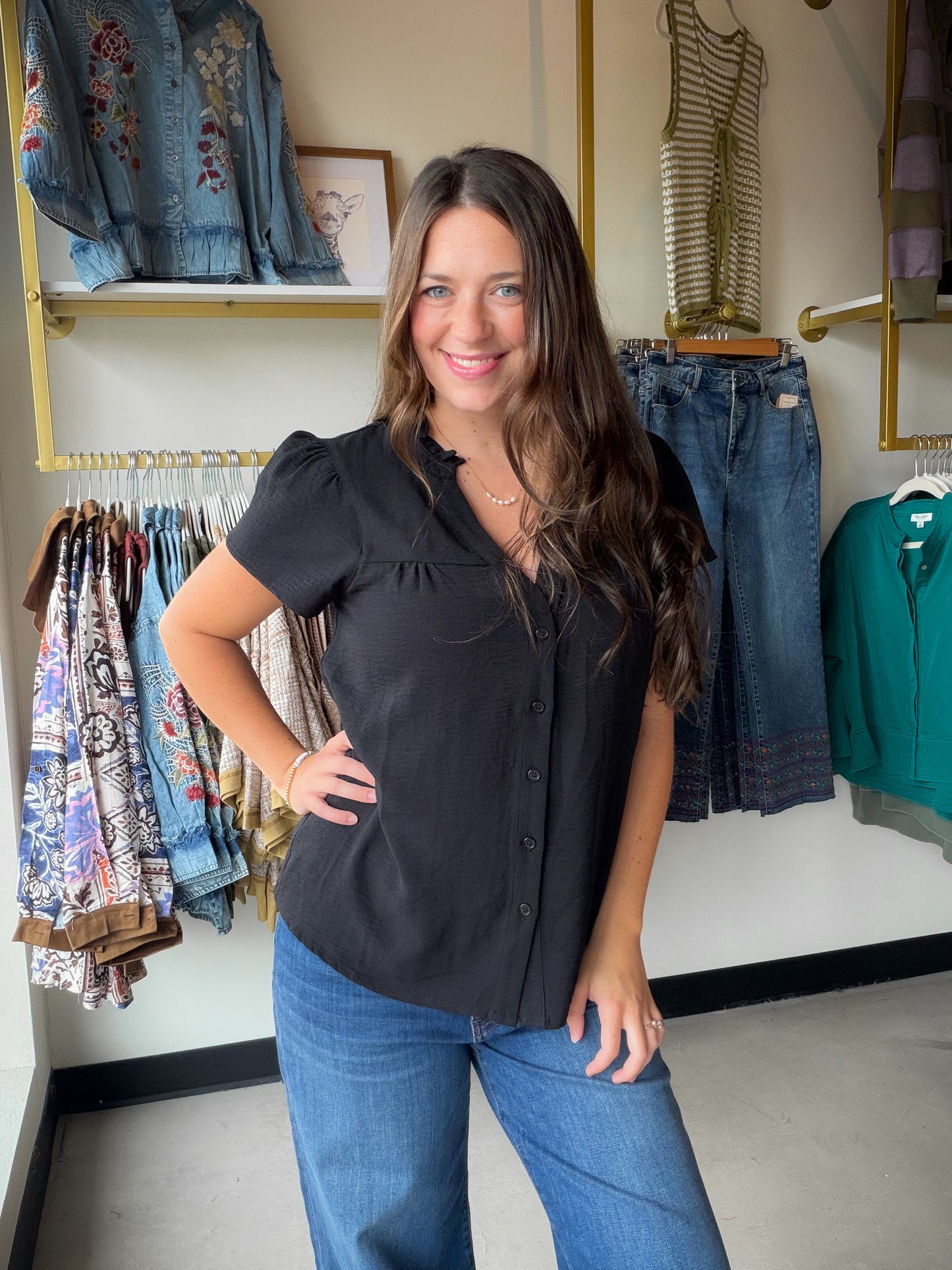 Black Ruffle Sleeve Blouse