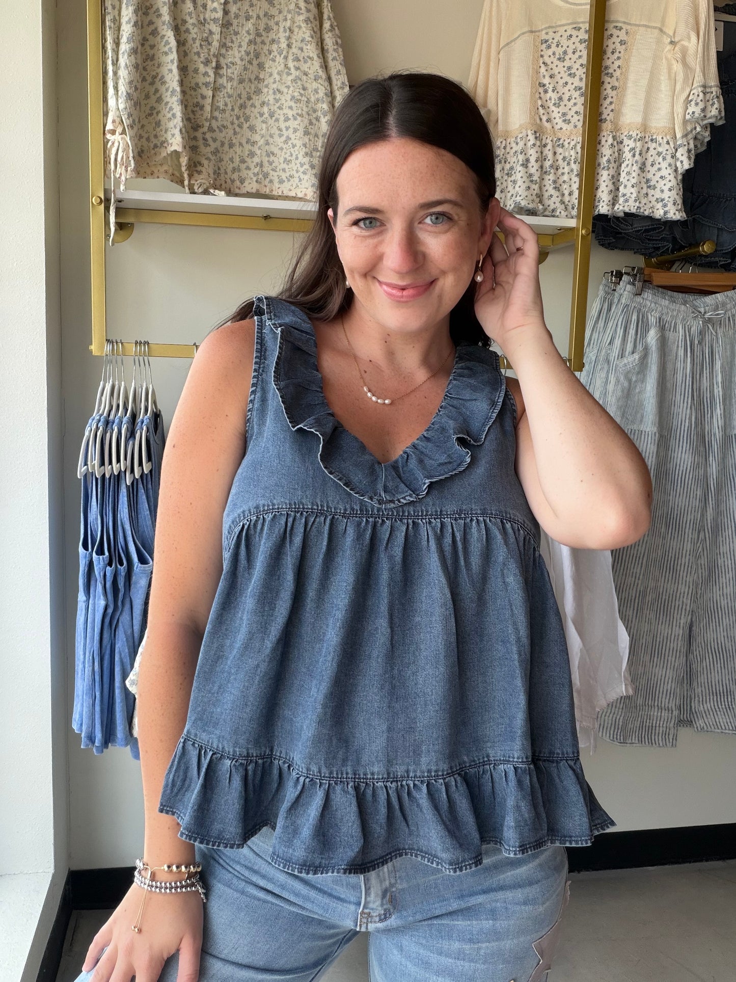 Dark Chambray Ruffle Tank