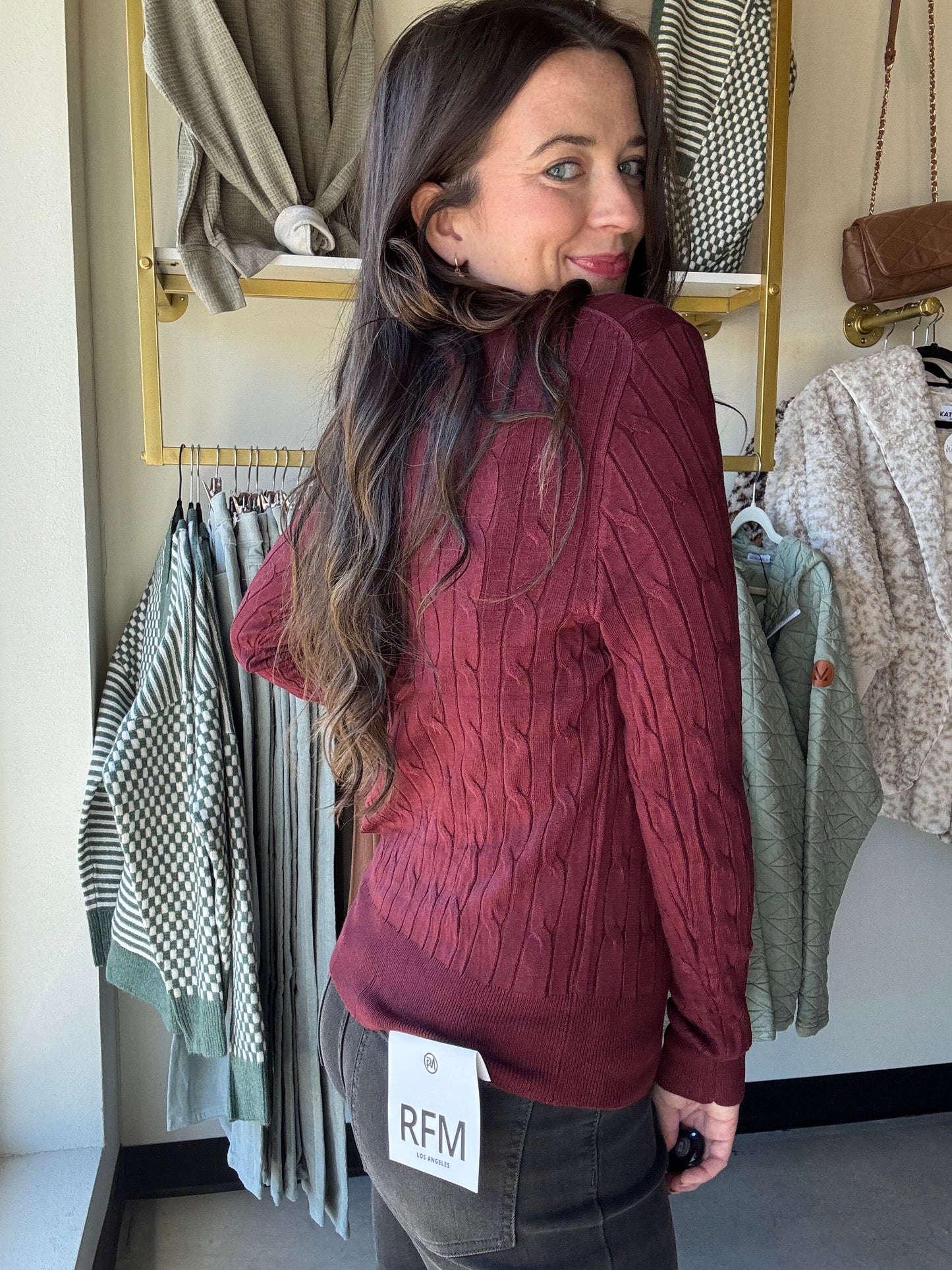 Burgundy Button Up Cable Knit Cardigan