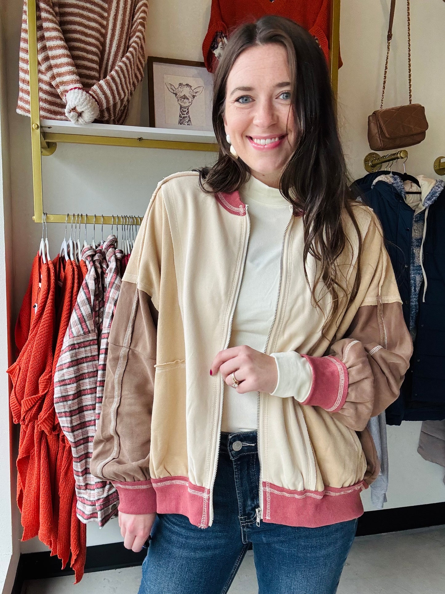 Cream & Brown Slouchy Zip Up