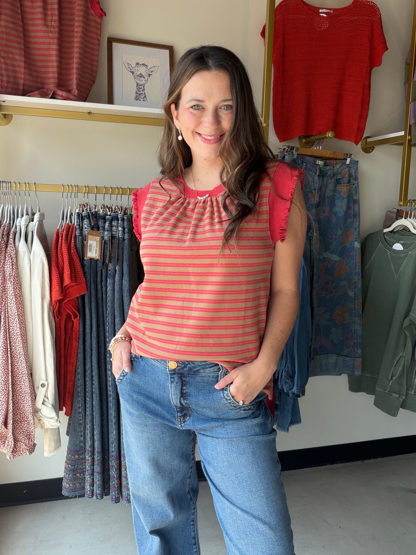Rust Ruffle Knit Stripe Tank