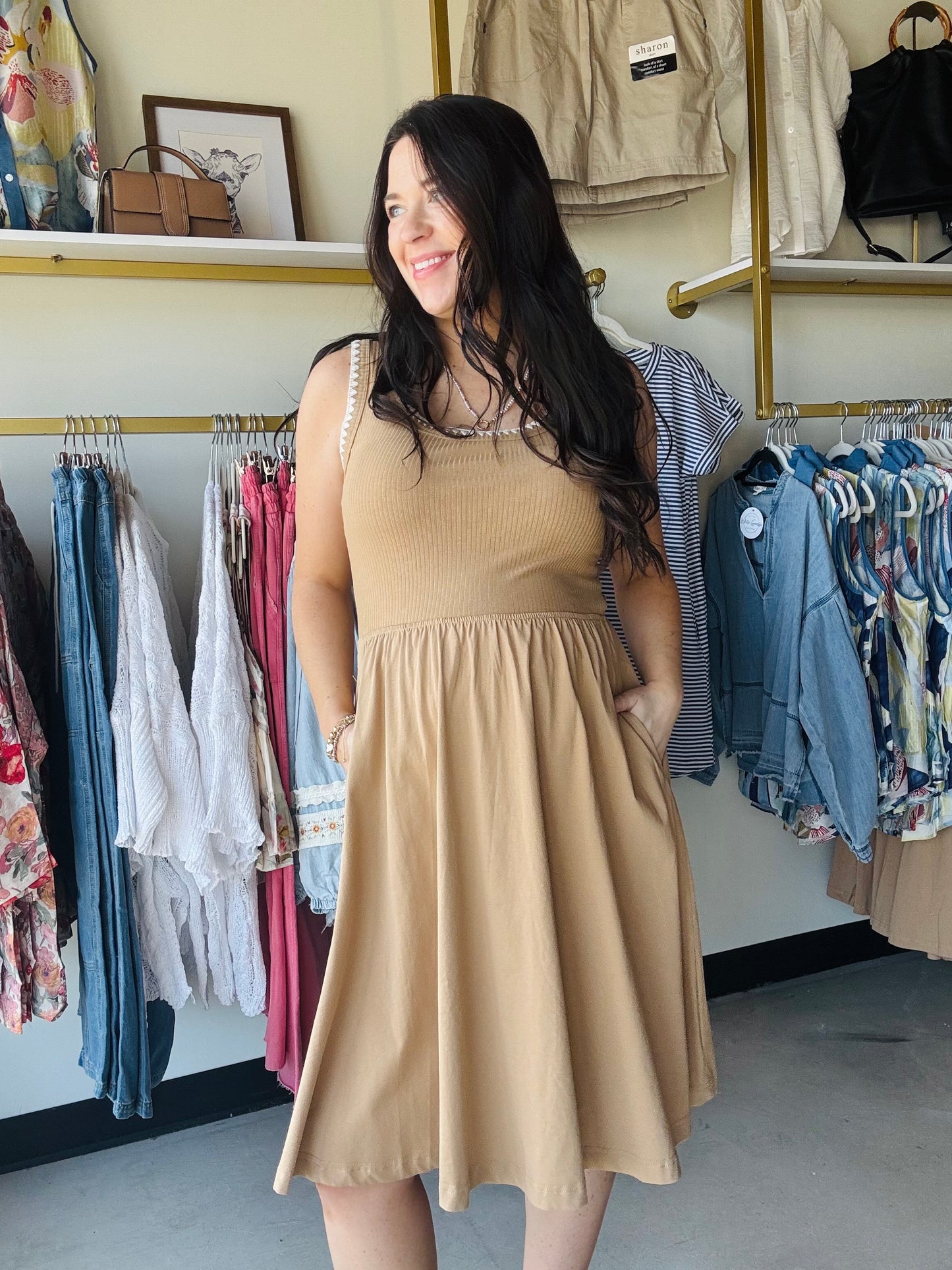 Camel Blanket Stitch Midi Dress