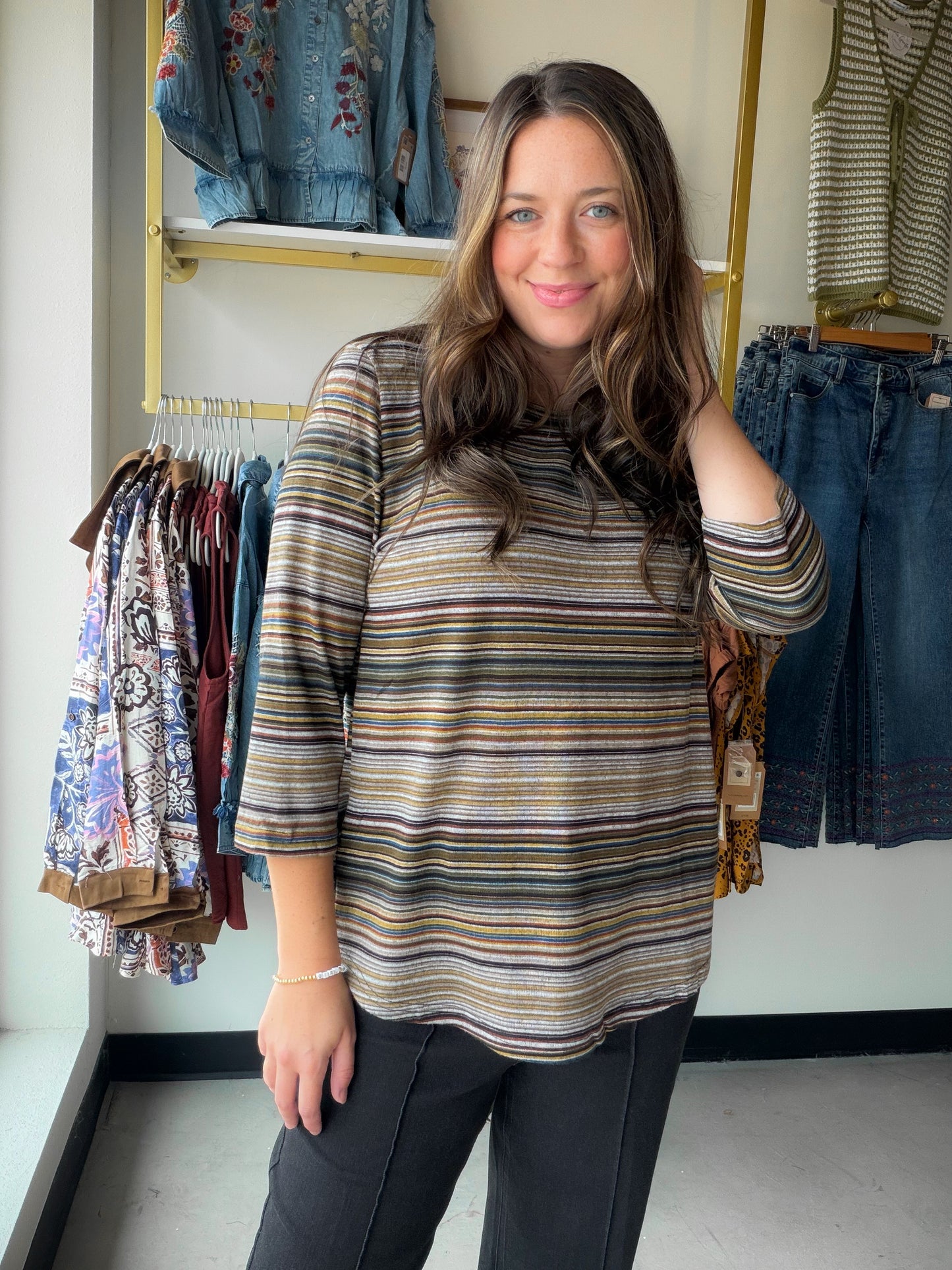 Multi Stripe 3/4 Sleeve Top