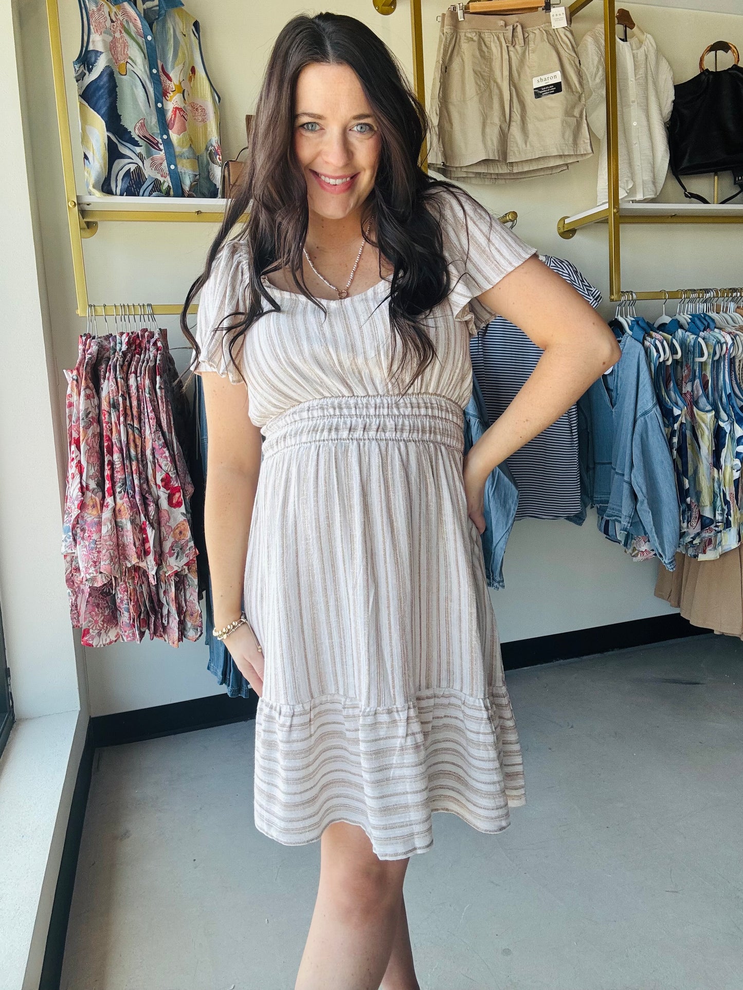Natural Stripe Flutter Sleeve Dress