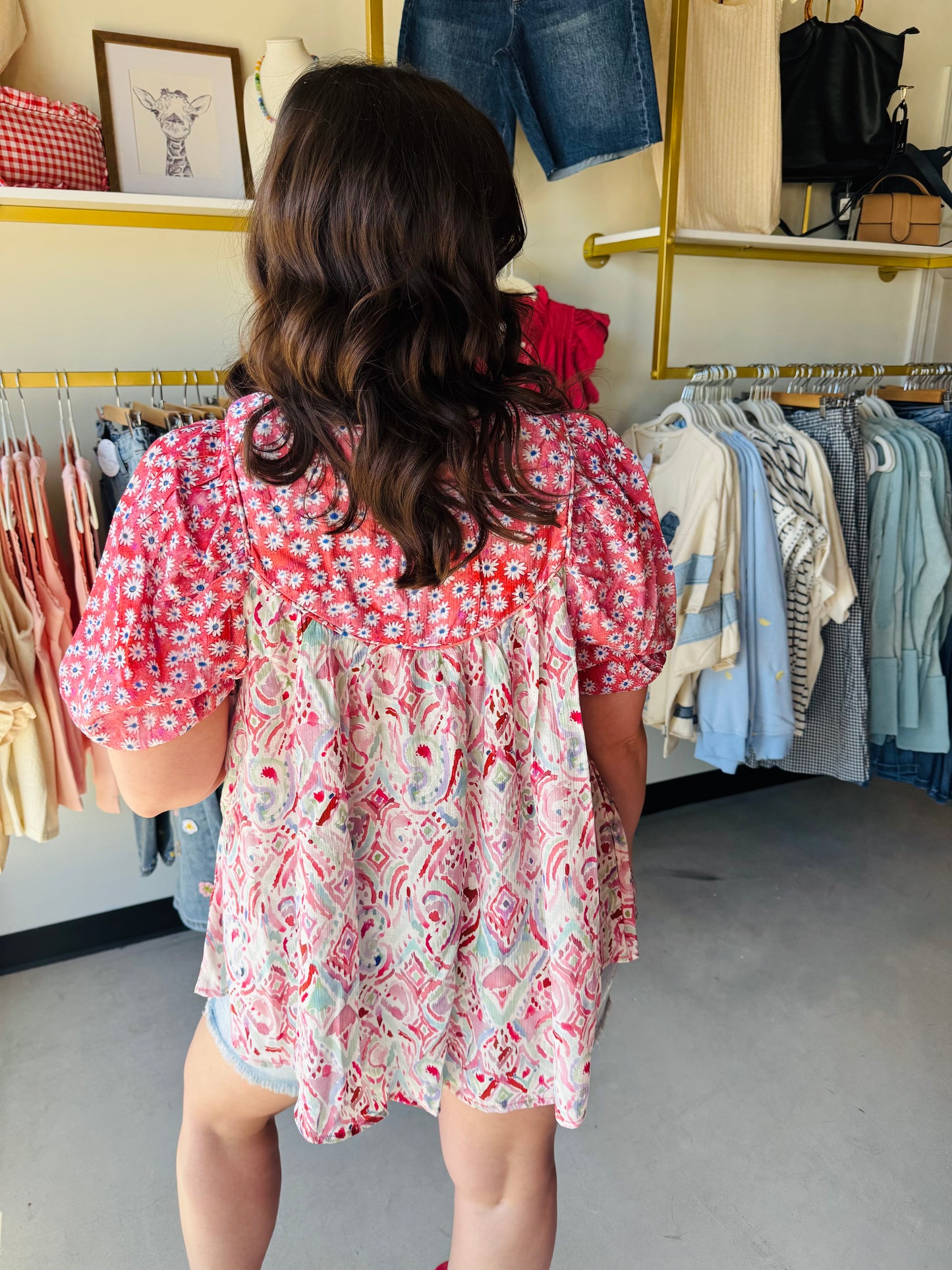 Strawberry Contrast Puff Sleeve Blouse