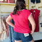 Red Button Front Short Sleeve Sweater