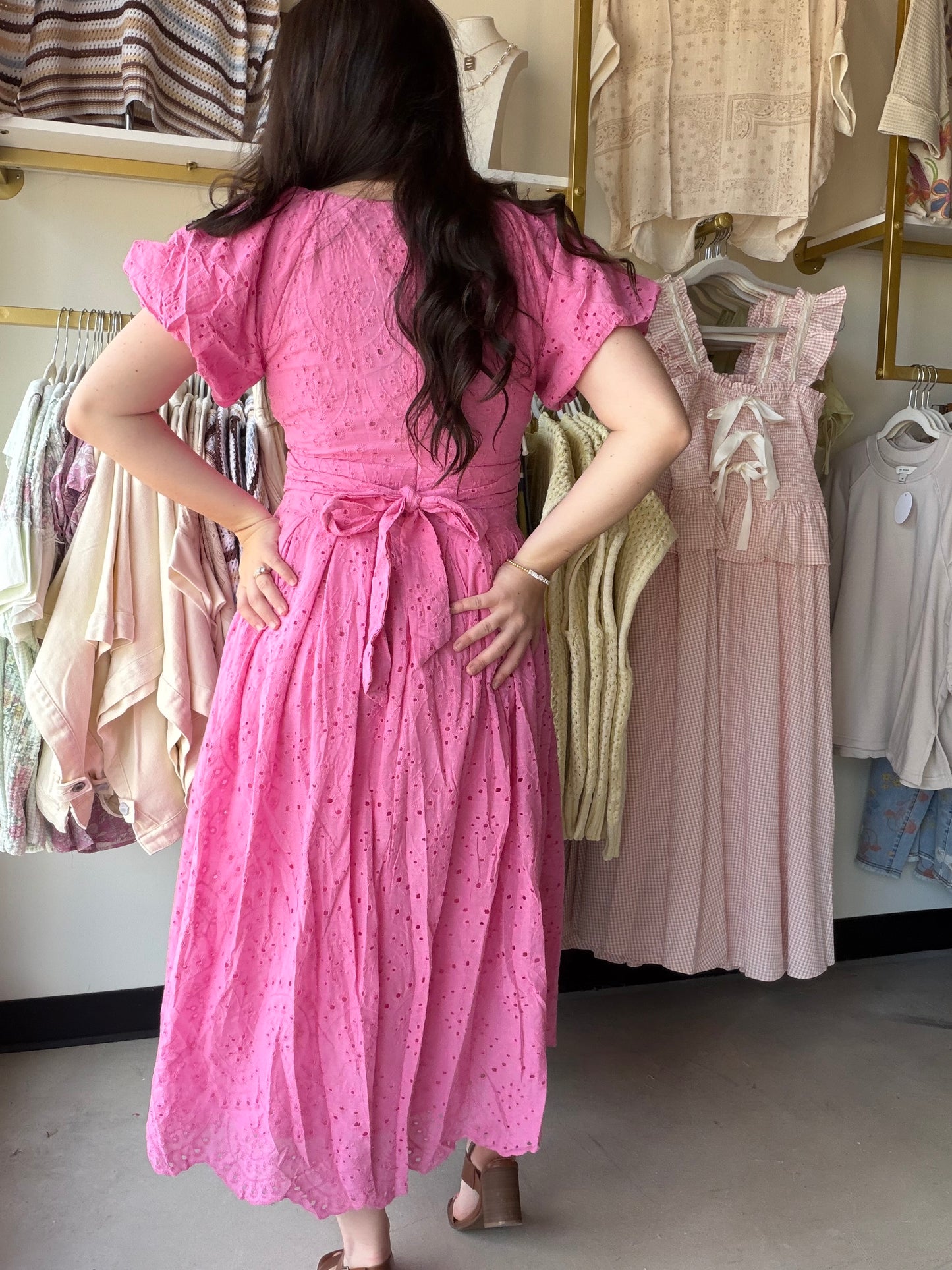 Pink Eyelet Puff Sleeve Dress
