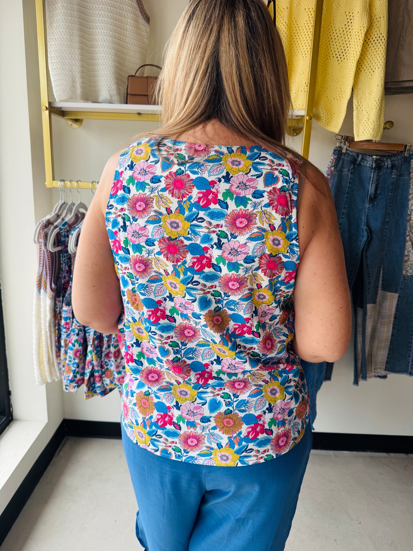 Blue Floral Split Neck Tank