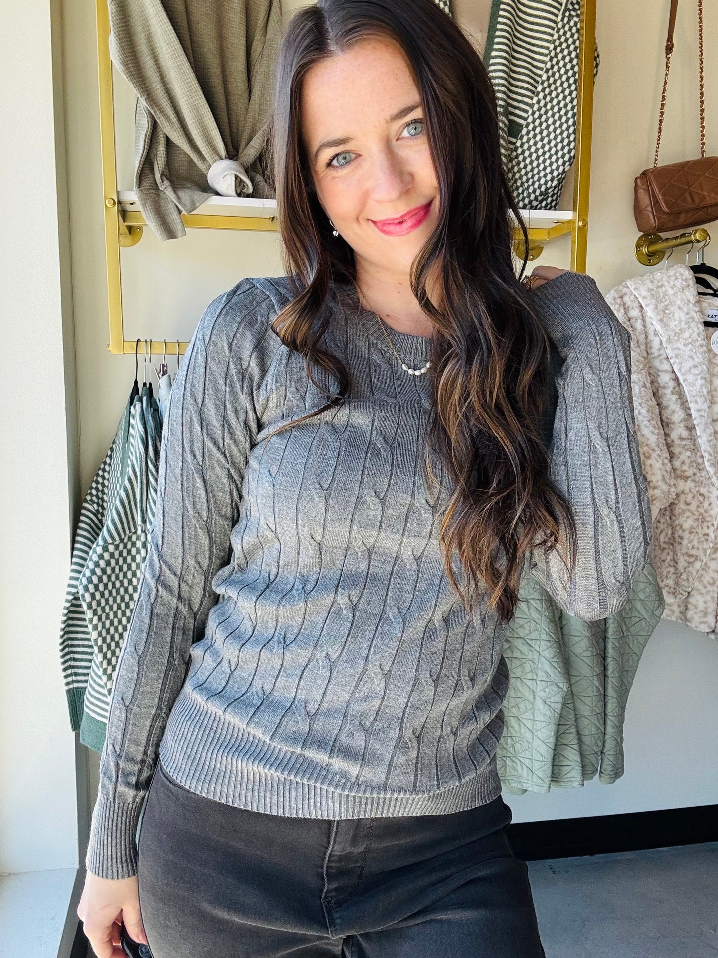 Heather Gray Cable Knit Crewneck
