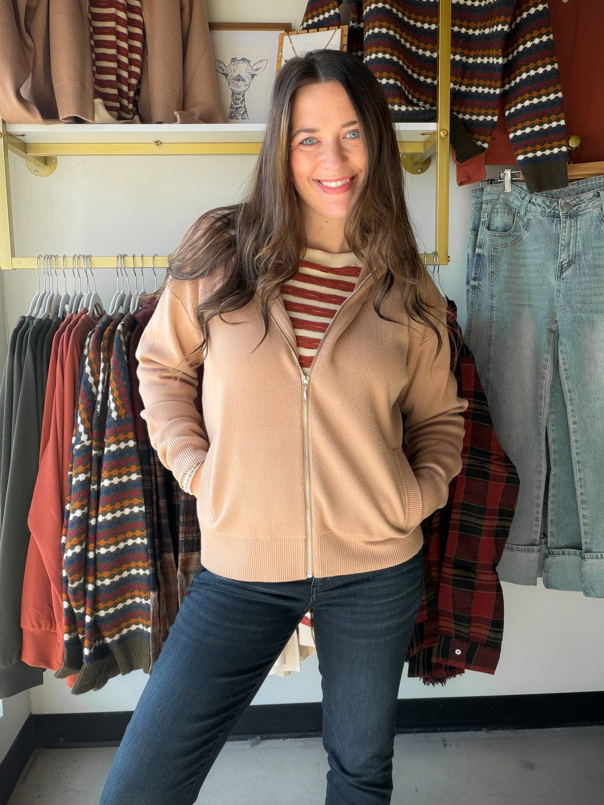 Taupe Zip Up Sweater Hoodie