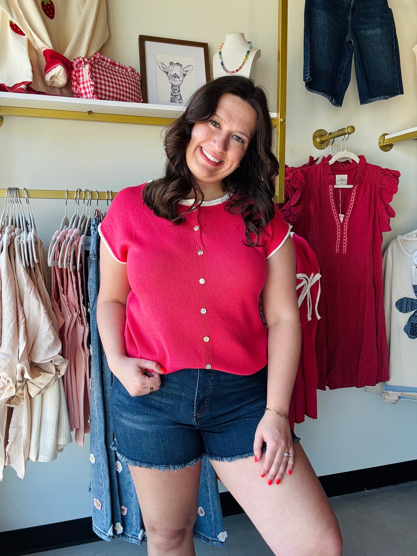 Red Button Front Short Sleeve Sweater