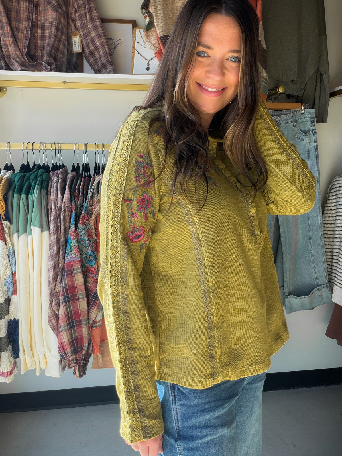 Olive Snap Front Embroidered Top