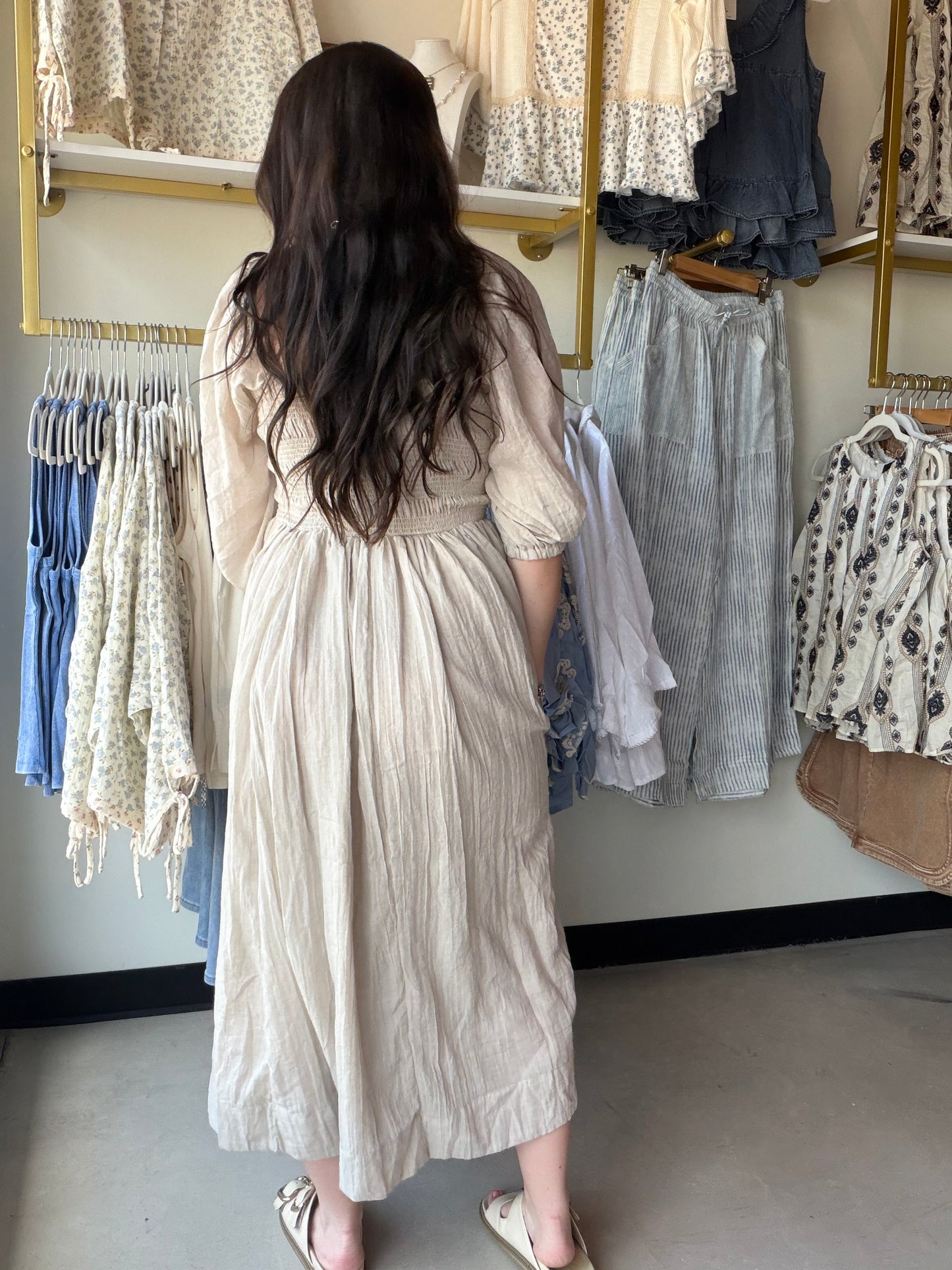 Natural Smocking Midi Dress