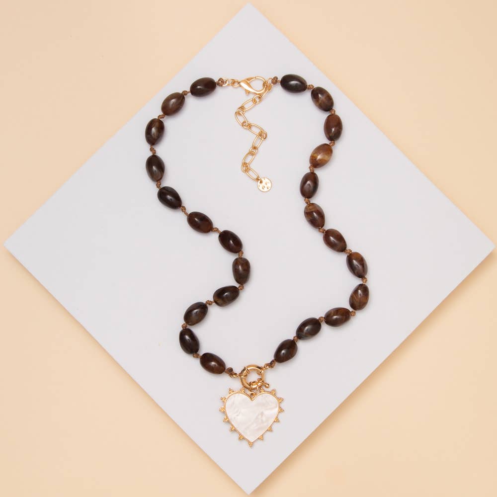 Pearlescent Heart Pendant Marbled Bead Necklace