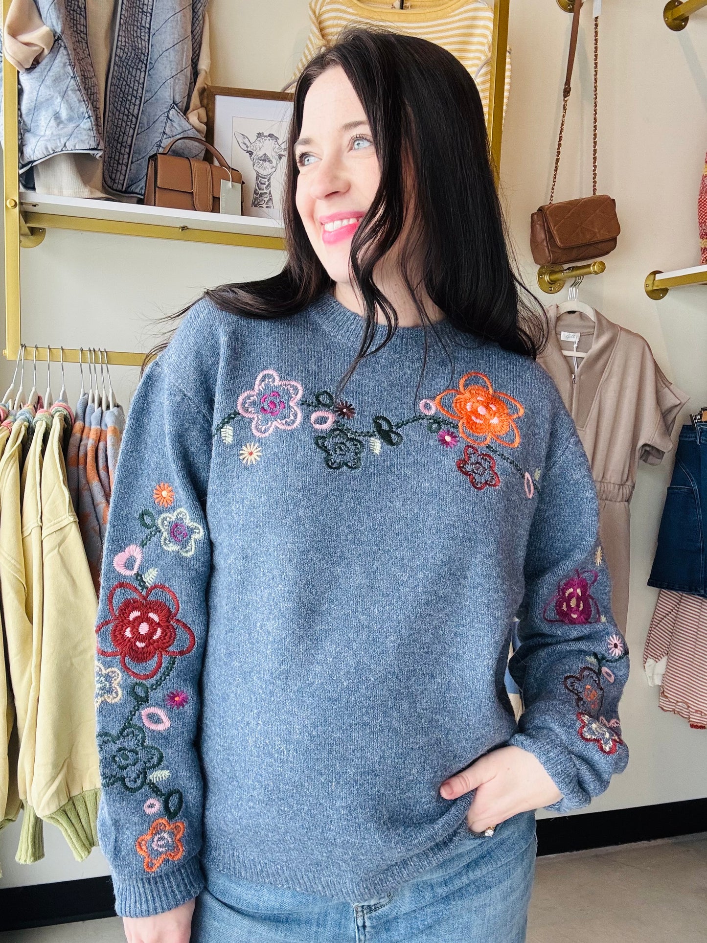 Navy Floral Embroidery Sweater