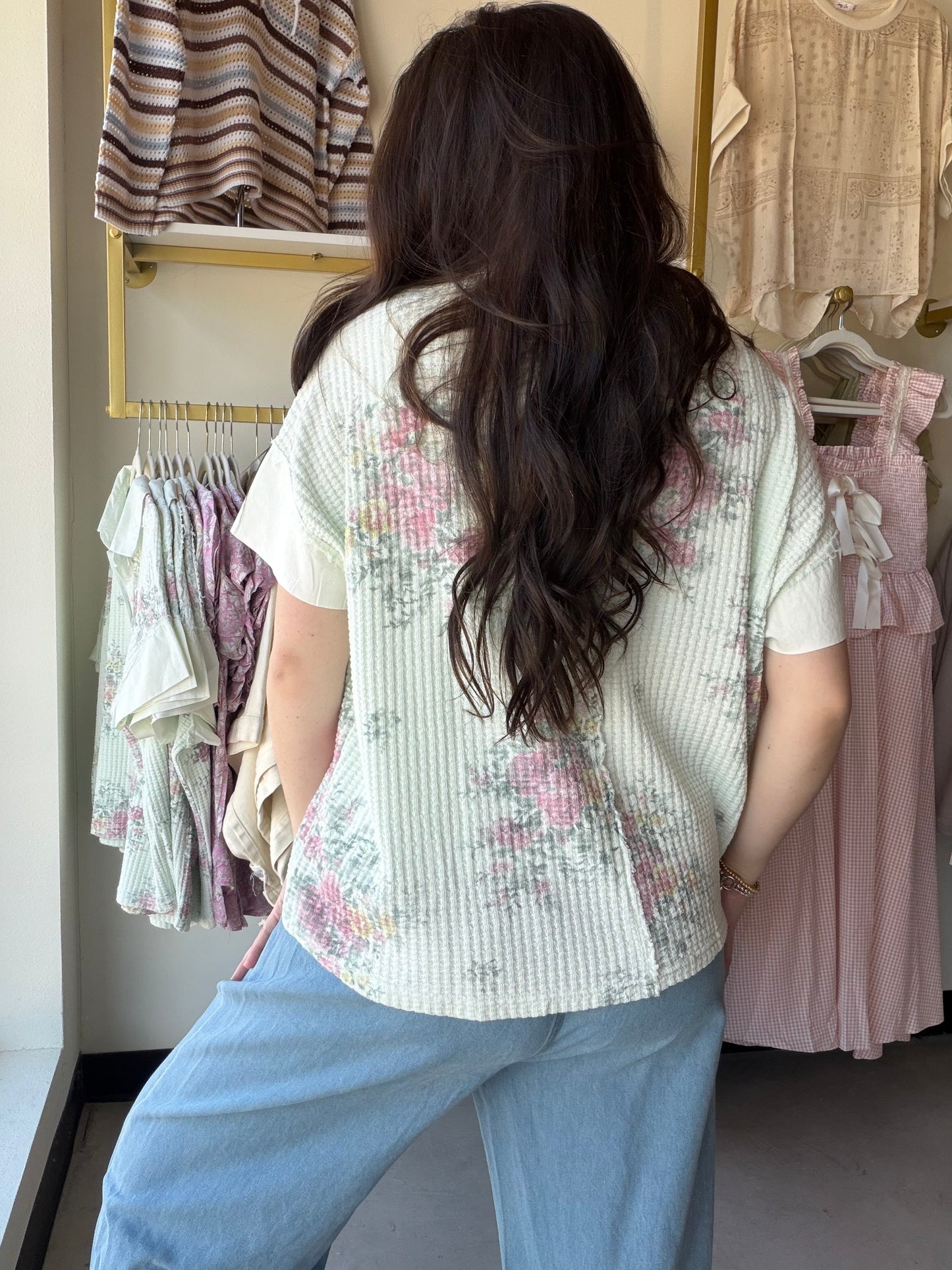 Mint Collared Floral Waffle Top